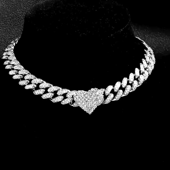 Serving Looks Jewelry - SILVER SUPER HOT HEAVY ICED OUT MIAMI CUBAN LINK HEART CHAIN CHOKER SEXY BLING
